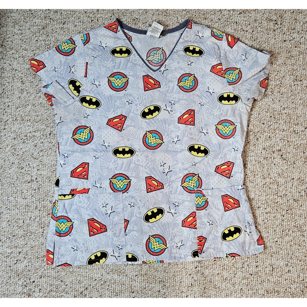 DC Comics Justice League Superhero Scrub Top Grey Womens M